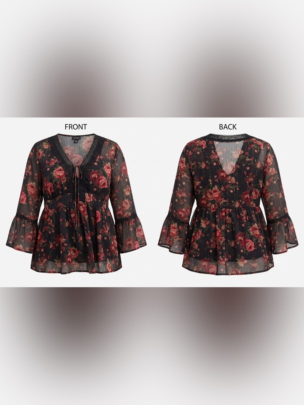 Torrid Size 2X Floral Sheer Bell Sleeve Babydoll Blouse | Boho Romantic Top - Picture 4 of 9